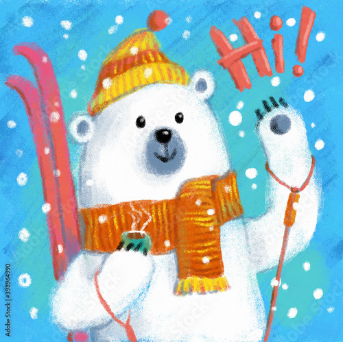 Colorful illustration. A polar bear with skis, in clothes, drinks coffee and welcomes in winter. On a blue background.