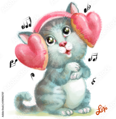 Bright color illustration. Cute fluffy gray kitten with headphones in the form of pink hearts and music signs around. With the inscription 