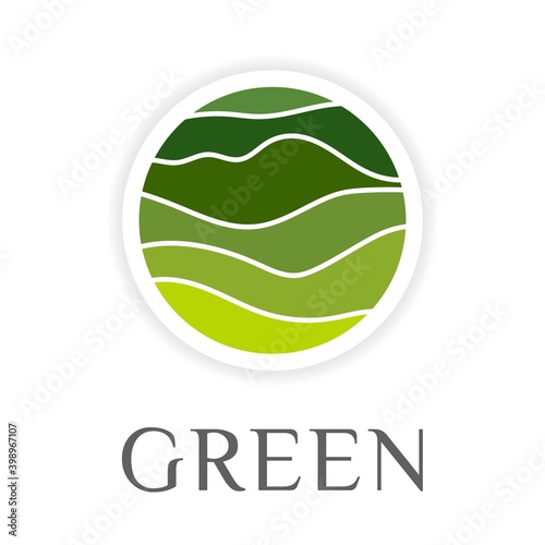 Abstract green logo vector icon, sign organic technology food and cosmetology.Design template symbol eco bio engineering, natural product. Illustration with nature Green wave background hill landscape