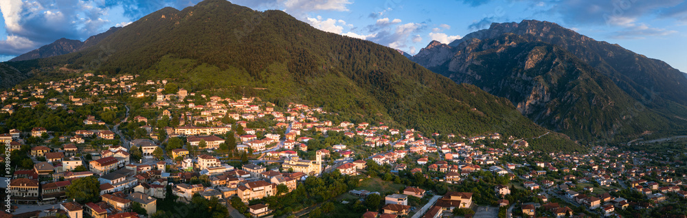 Aerial Photo of Konitsa town in Epirus Greece and Pindos mountain near group villages Zagorochoria