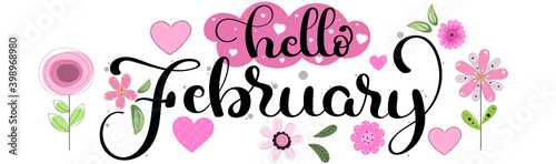 FEBRUARY Vector. Hello February month with flowers and leaves. Decoration floral. Illustration month February