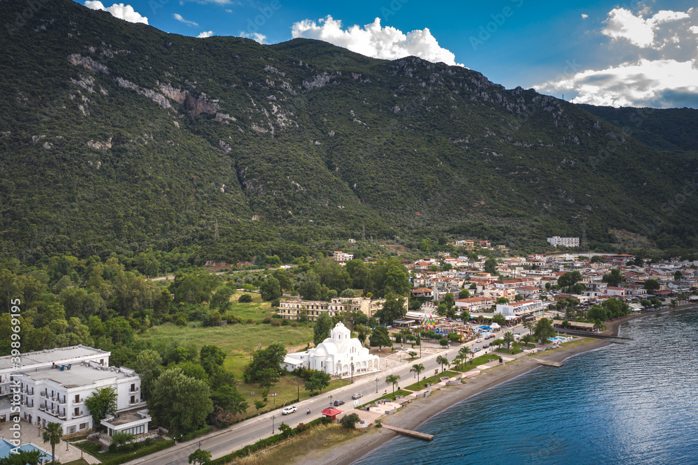 Aerial view, cape of Kamena Vourla city and the Aegean sea.