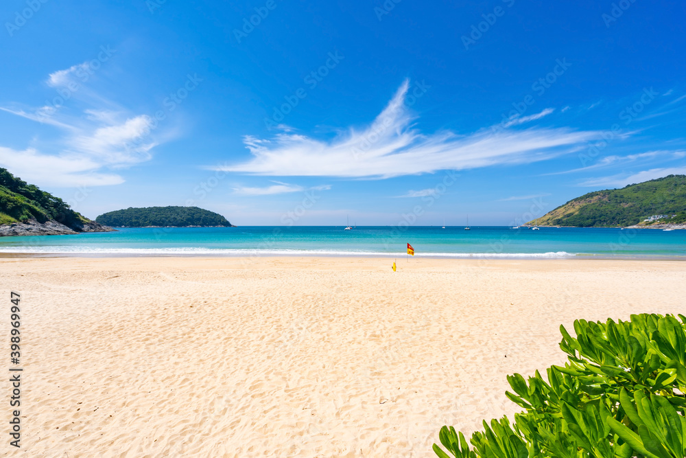 Beach in summer season at naiharn beach Phuket on December 7,2020 Concept Travel and tour,Empty beach deserted and New normal after covid-19 naiharn beach is famous tourist destination at Phuket