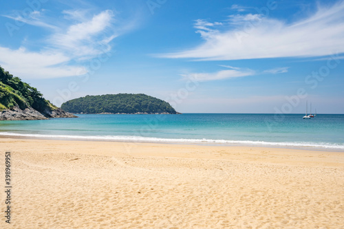 Beach in summer season at naiharn beach Phuket on December 7,2020 Concept Travel and tour,Empty beach deserted and New normal after covid-19 naiharn beach is famous tourist destination at Phuket © panya99