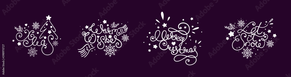 Merry Christmas doodle Style lettering set. Vector image on black background Merry Christmas doodle Style lettering set. Vector image on black background