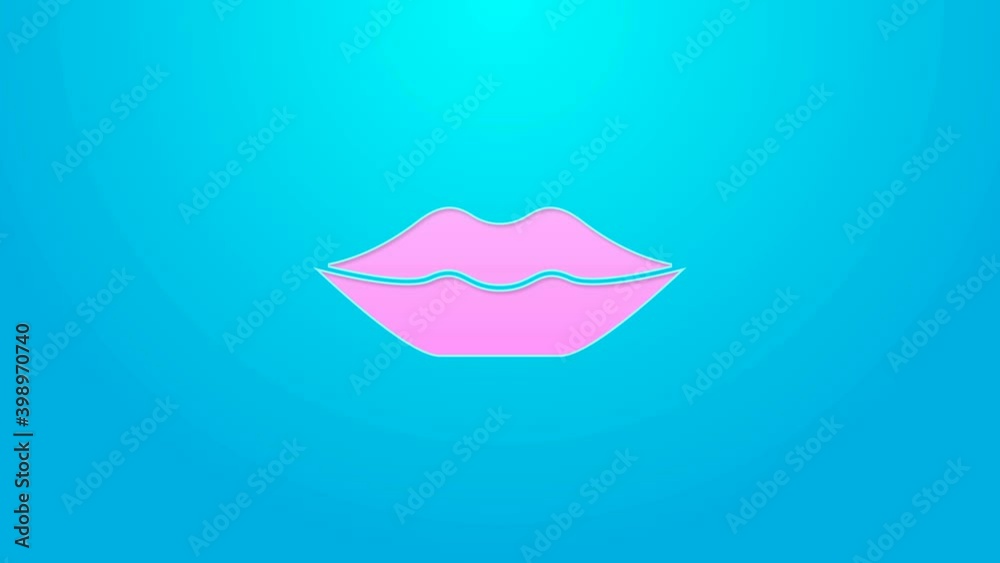 Pink line Smiling lips icon isolated on blue background. Smile symbol. 4K Video motion graphic animation Pink line Smiling lips icon isolated on blue background. Smile symbol. 4K Video motion graphic animation