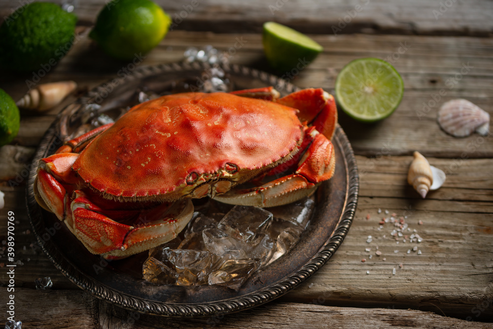 Cooked king crab on plate with ice background. Delicious meal. Seafood concept. View from above. Space for text. Space for text. Restaurant menu.