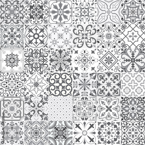 Set of tiles in portuguese, spanish, italian style in grey. For wallpaper, backgrounds, decoration for your design, ceramic, page fill and more.