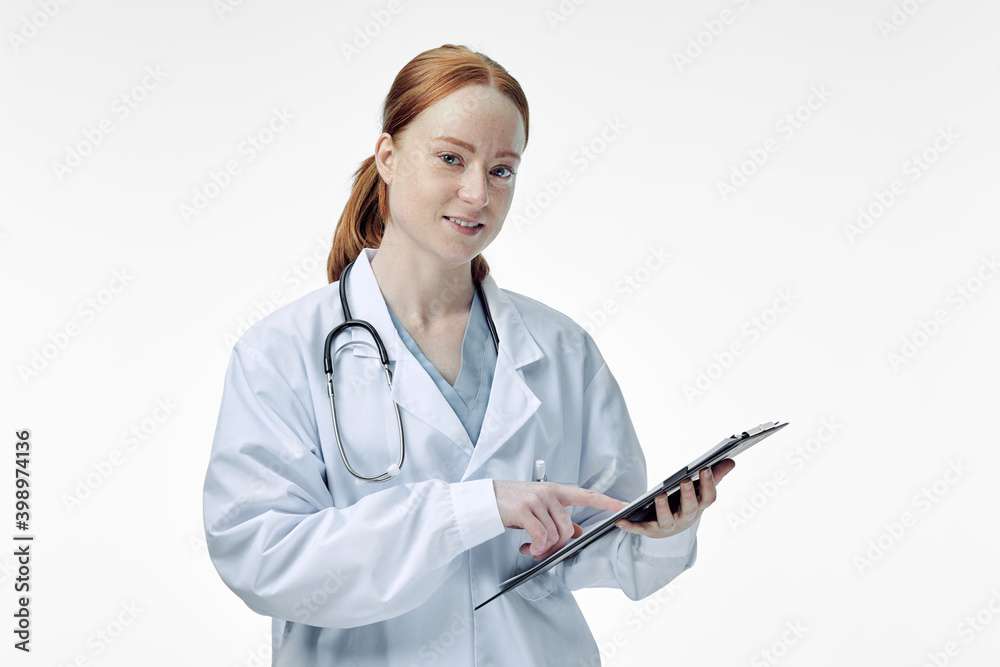 young smiling female doctor with medical history young smiling female doctor with medical history