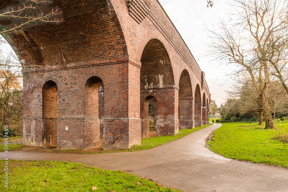 Arnos park in Arnos Grove.  A 44 acre grassy woodland crossed by a brook and a train viaduct in North London.