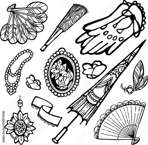 Black and white vector icons. Images of fashion items and accessories from the Victorian era. 