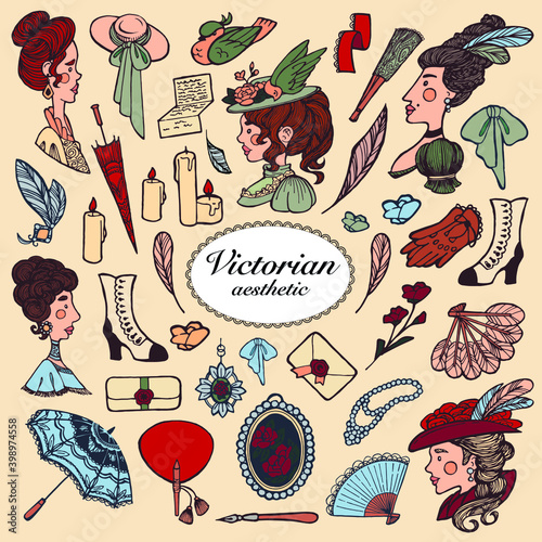 A set of images of fashion items, accessories, portraits of women of the Victorian era. Colored vector icons.