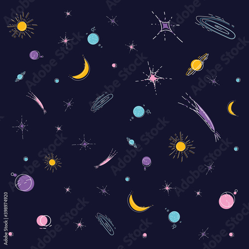 Space seamless pattern with stars and planets (ID: 398974920)