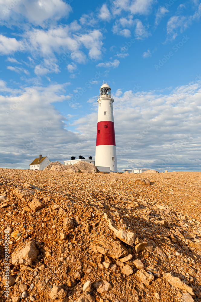 Portland Bill Lighthouse. Dorset coast in Isle of Portland, UK. A sea way-mark guiding vessels navigating in the English Channel.