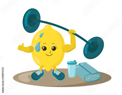 Cute strong lemon athlete with sneakers, barbell, shake drink and towel. Colorful smiling kawaii fruit emoticon. Isolated sport training vector illustration.