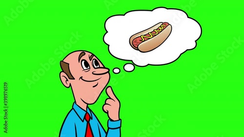 Man thinking about a Hotdog - 4k Animation with Green Background.  photo