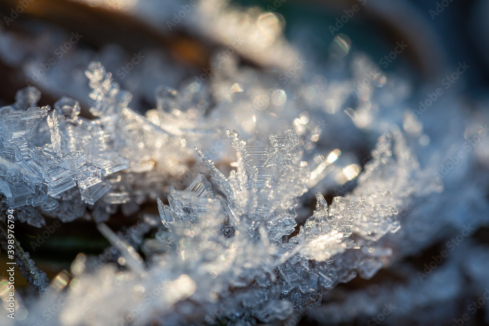 Beautiful ice crystals during frosts. Macro shot of hoarfrost patterns. Natural background with hoar frost. Snowflakes close-up. Rime ice on the stems of plants. Winter nature. Shallow depth of field. Beautiful ice crystals during frosts. Macro shot of hoarfrost patterns. Natural background with hoar frost. Snowflakes close-up. Rime ice on the stems of plants. Winter nature. Shallow depth of field.