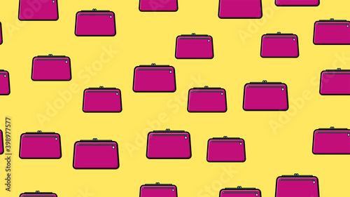 Endless seamless pattern of beautiful beauty items of female glamorous fashion accessories handbags and clutches on a yellow background. illustration