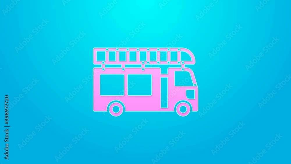Pink line Fire truck icon isolated on blue background. Fire engine. Firefighters emergency vehicle. 4K Video motion graphic animation Pink line Fire truck icon isolated on blue background. Fire engine. Firefighters emergency vehicle. 4K Video motion graphic animation