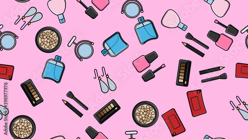 Endless seamless pattern of beautiful beauty items of female glamorous fashionable powders, lipsticks, varnishes, creams, cosmetics on a pink background. illustration