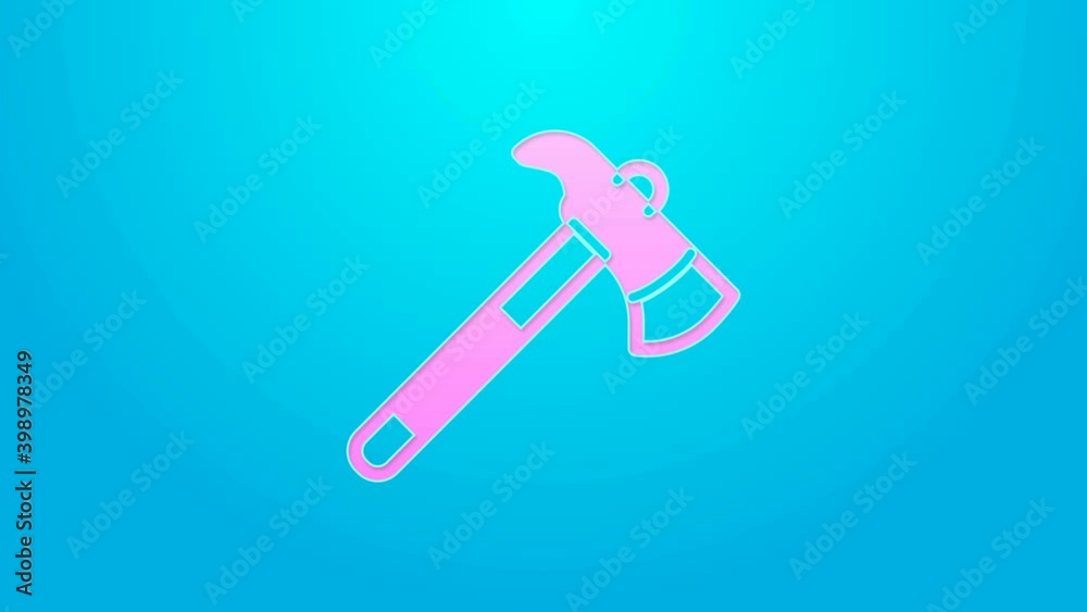 Pink line Firefighter axe icon isolated on blue background. Fire axe. 4K Video motion graphic animation Pink line Firefighter axe icon isolated on blue background. Fire axe. 4K Video motion graphic animation