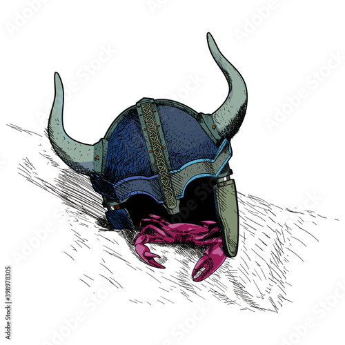 Vector illustration of a fallen Viking skull with a crab.