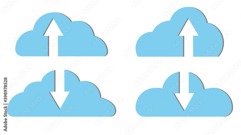 Set of four blue beautiful simple digital cloud icons with arrows download. Concept: cloud technologies and services, remote storage of information. illustration Set of four blue beautiful simple digital cloud icons with arrows download. Concept: cloud technologies and services, remote storage of information. illustration