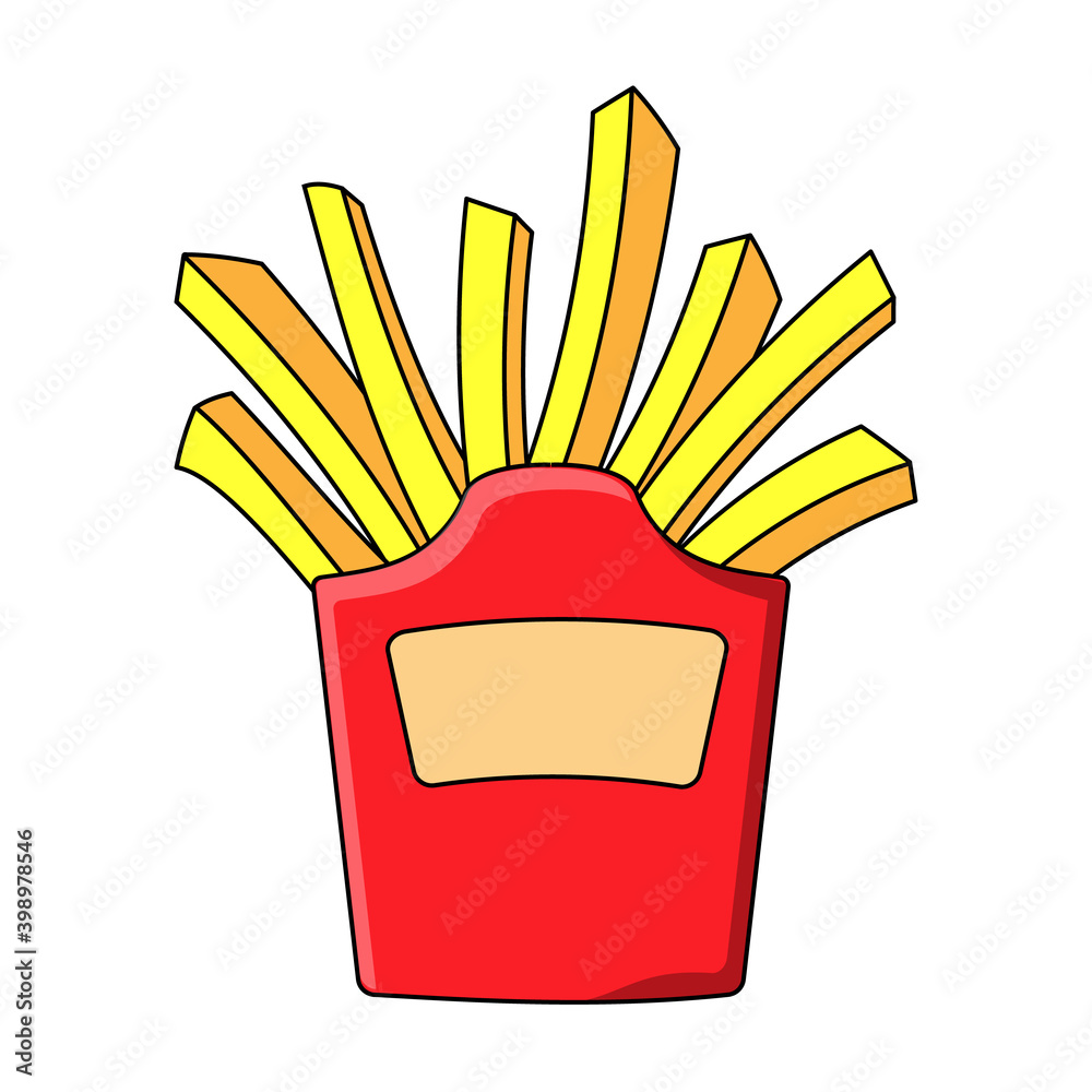 Simple icon in flat style. Fast food. Deep fried french fries from a restaurant cut into slices in a cardboard cup. Street food. illustration Simple icon in flat style. Fast food. Deep fried french fries from a restaurant cut into slices in a cardboard cup. Street food. illustration