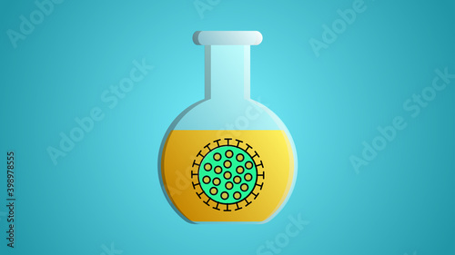 Glass laboratory medical flask scientific for the diagnosis and research of coronavirus infection disease covid-19 virus molecule on a blue background