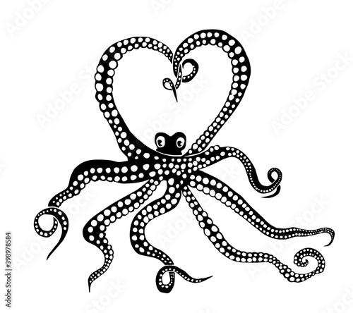 Octopus monochrome. Octopus graphic. Love. Happy Valentine's Day. The octopus makes a heart out of its tentacles . Vector illustration