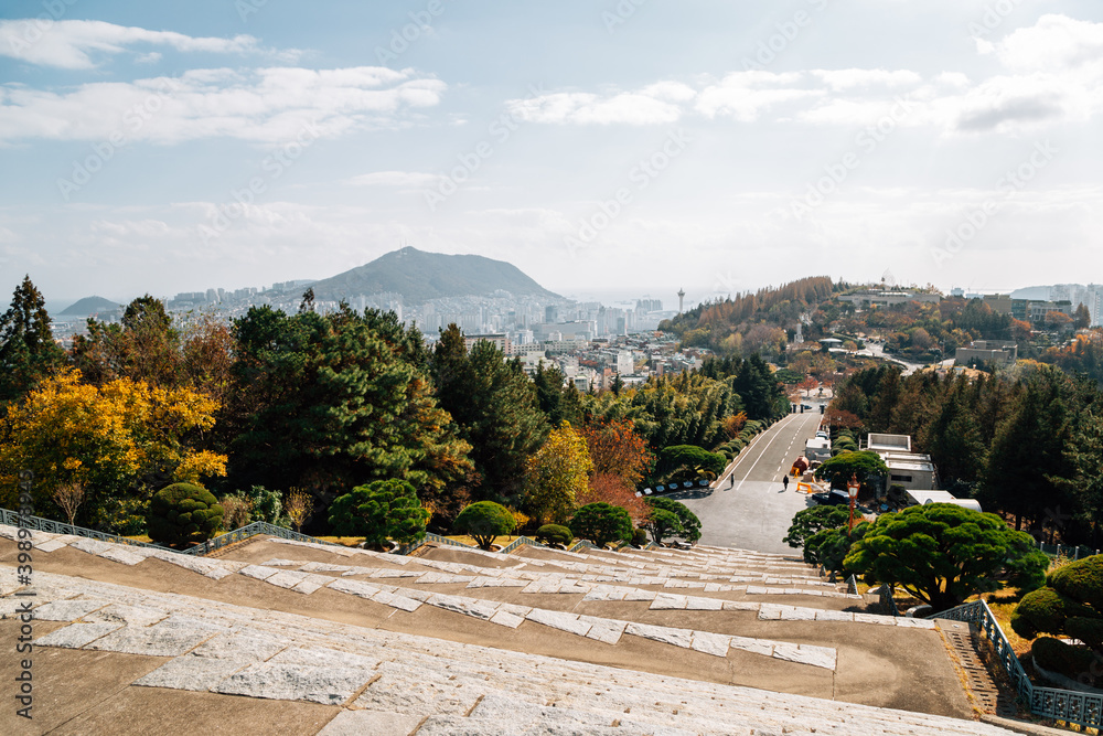 Autumn scenery of Democracy Park and Busan cityscape from Jungang Park (Daecheong Park) in Busan, Korea