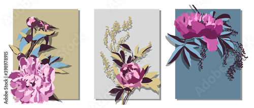 Vector floral cards with peonies. Purple peony flowers and buds, yellow, blue, brown branches and leaves isolated on a beige, grey and blue background.