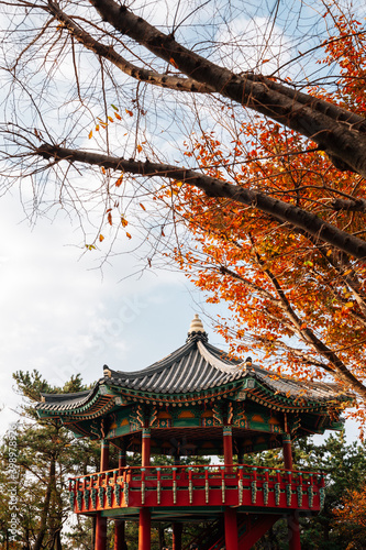 Haewoljeong Korean traditional pavilion with autumn leaves at Haeundae Dalmaji-gil Moontan Road in Busan, Korea