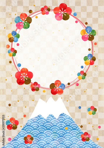 梅水彩フレーム_富士山_和紙背景