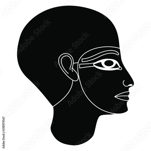 Portrait of ancient Egyptian man. Head of God Ptah. Pharaoh profile. Black and white silhouette.
