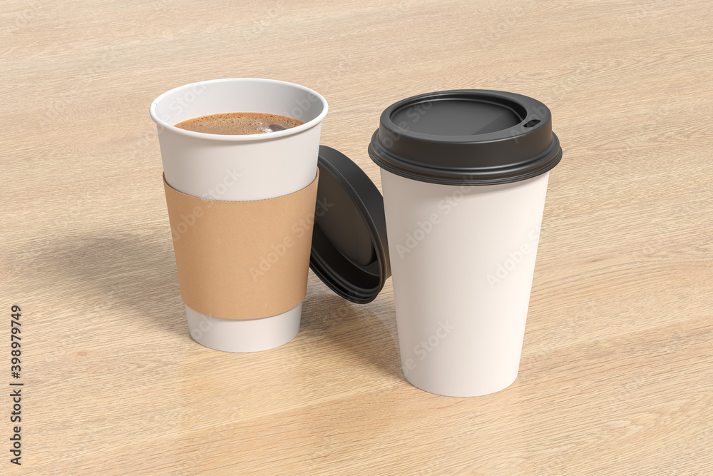 Two white take away coffee paper cups mock up with black lids on wooden background. Opened (with holder) and closed disposable cups. Two white take away coffee paper cups mock up with black lids on wooden background. Opened (with holder) and closed disposable cups.