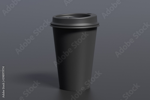 Black take away coffee paper cup mock up with black lid on black background.