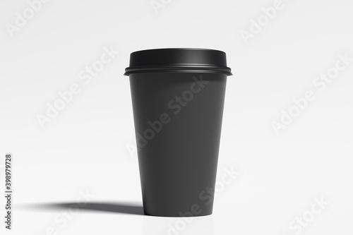 Black take away coffee paper cup mock up with black lid on white background.