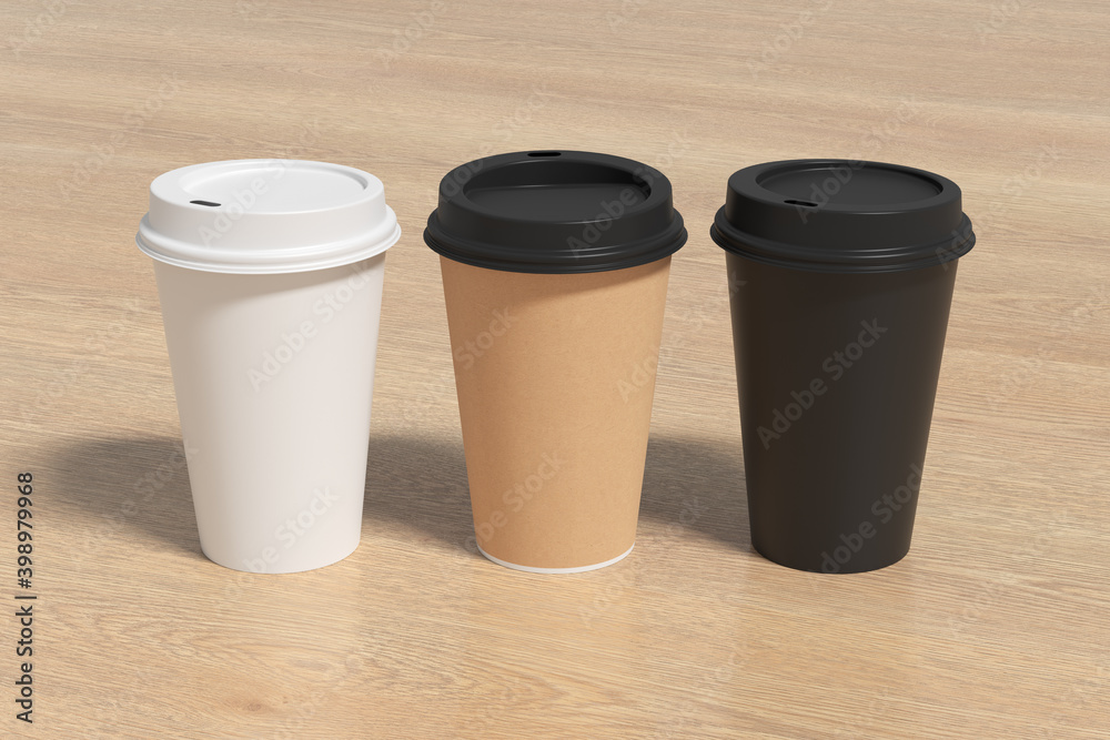 White, cardboard and black take away coffee paper cups mock up with lids on wooden background.