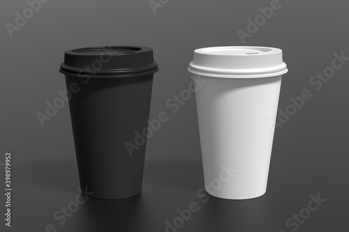 Black and white take away coffee paper cups mock up with lids on black background.