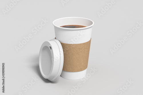 White take away coffee paper cup mock up with opened BBB lid with holder on white background.