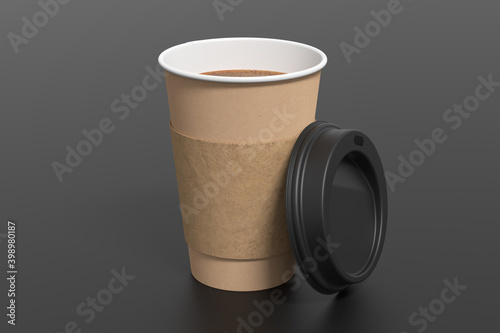 Cardboard take away coffee paper cup mock up with opened black lid with holder on black background.