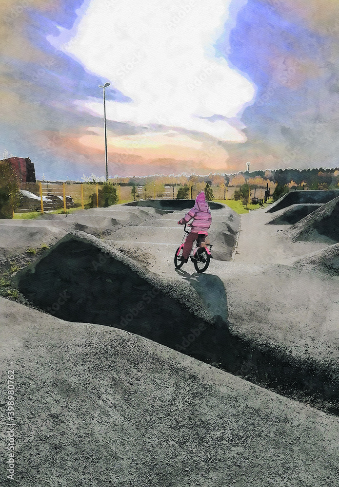 Obraz premium A girl in bright Burgundy, pink pants, jacket and hat on a pink Bicycle, riding on a skate pad in watercolor technique.