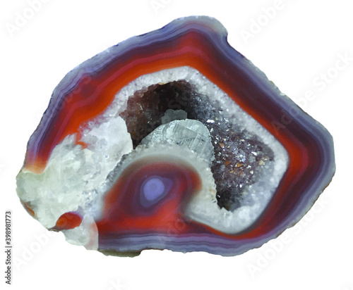 agate crystal slice in abstract red and purple isolated on white background