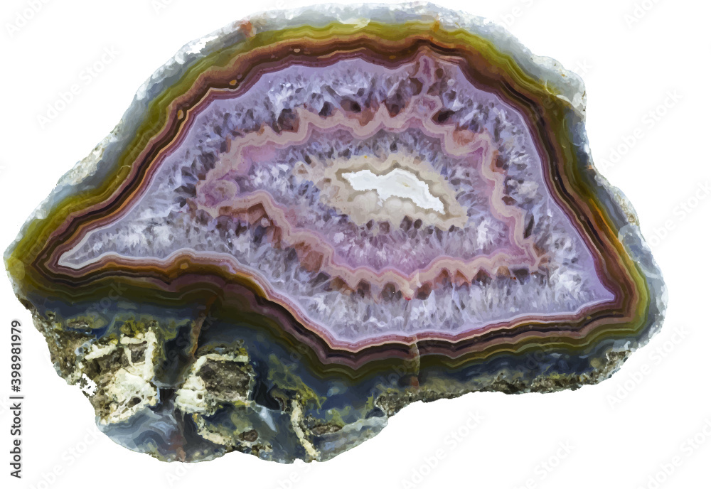 a sliced agate crystal in purples isolated on white background