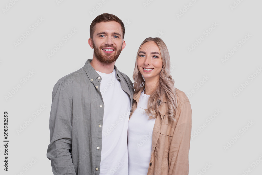 Couple Portrait Standing Isolated. Man and Woman Hugging, Lovers, Friends, Couple Concept Couple Portrait Standing Isolated. Man and Woman Hugging, Lovers, Friends, Couple Concept
