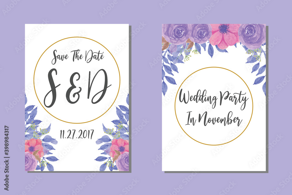 Wedding invitation frame set:  flowers, leaves, watercolor, isolated on white. Sketched wreath, floral and herbs garland with green, greenery color. Hand drawn Vector Watercolor style, nature art