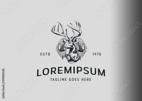 Hunt logo design. Vector illustration of hunting deer, turkey and fish. Vintage logo design with flat icon style.