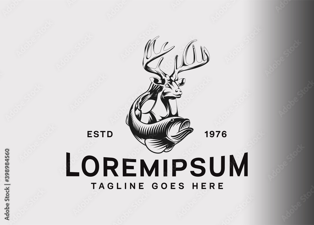 Poster Print Deer antler and fish logo design 40x30 cm
