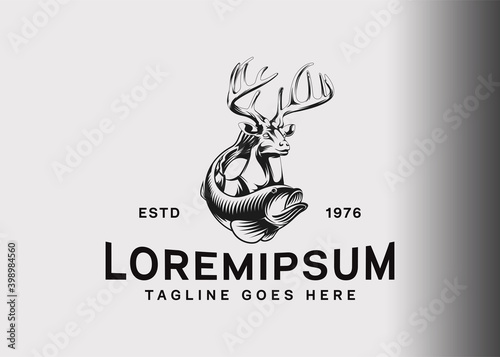 Deer antler and fish logo design. Vector illustration of deer antler and fish logo design. Vintage logo design with flat style.